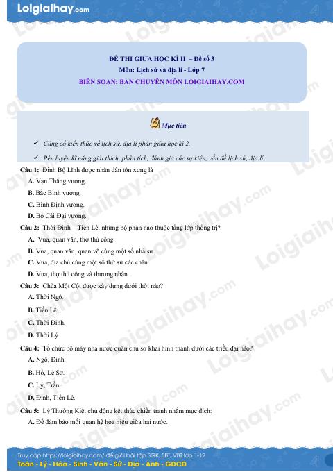 Đề thi giữa kì 2 Lịch sử và Địa lí 7 - Đề số 3